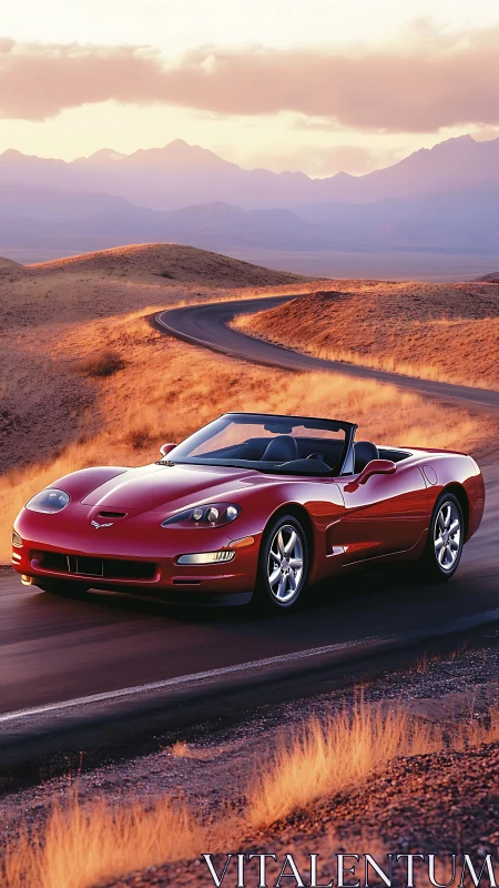 Red convertible cuts through golden desert curves at sunset.