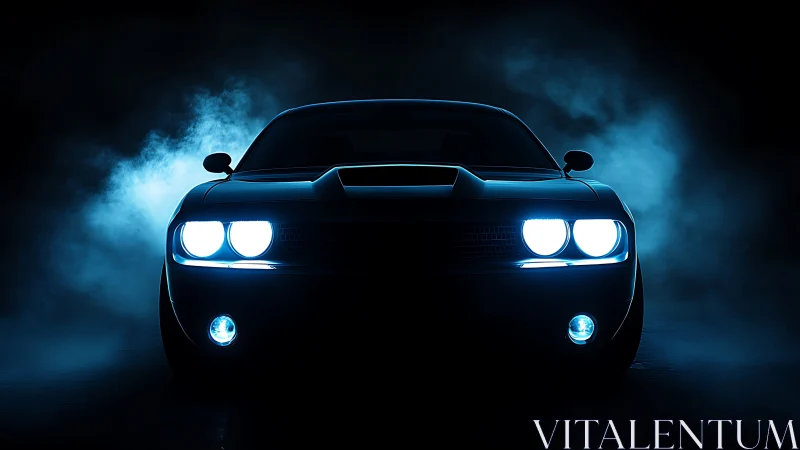 Muscle car headlights cut through cinematic blue studio haze