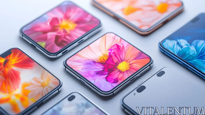 Modern smartphones with vivid floral displays in minimalistic style. Modern smartphones with vivid floral displays in minimalistic style.