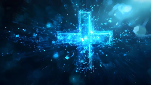 Glowing Blue Digital Plus Sign Exploding with Particles in Abstract Style.