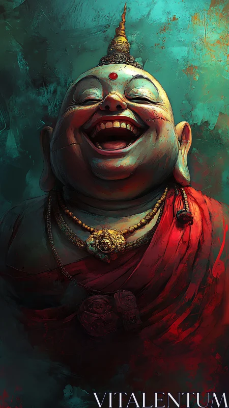 Humanlike laughing statue rendered in saturated digital paint