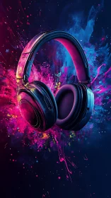 Headphones suspended in neon paint burst on dark field.