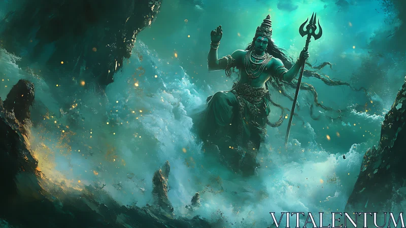 Mythic deity figure amid turbulent oceanic landscape.