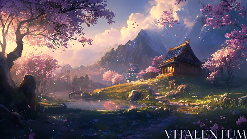 Mountain shrine landscape shows cherry trees and river