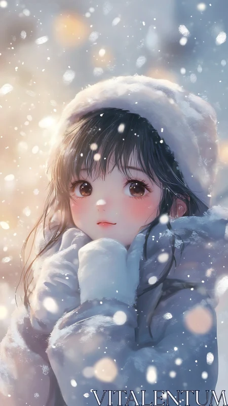 Young girl in white winter coat amid softly falling snow.