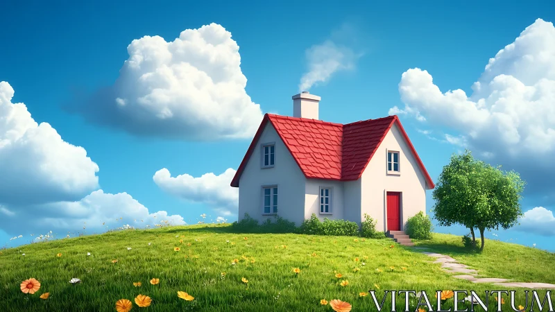 Sunny hillside cottage hums quietly beneath ballooning clouds