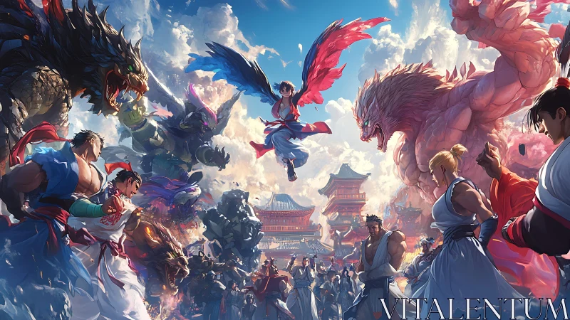 Martial heroes clash with towering beasts over sunlit citadel.