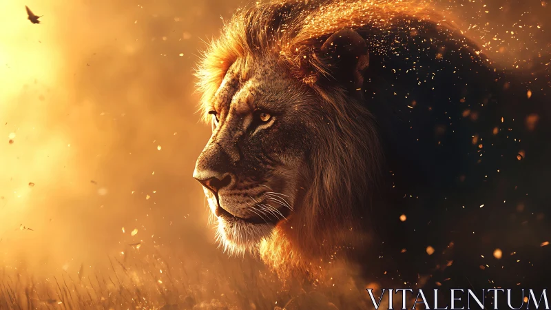 Majestic lion portrait glows within embers and golden haze