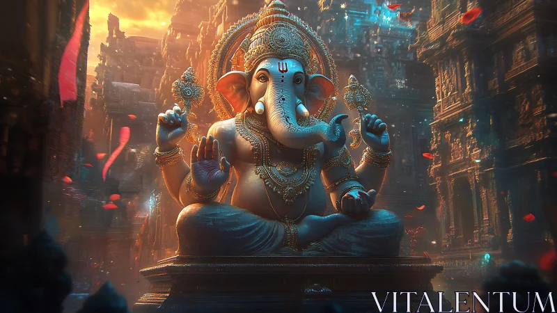 Golden Ganesha glows in a rose-lit temple of swirling dusk.