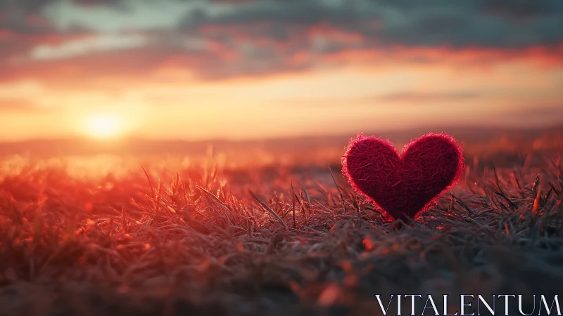 Red heart resting on frost-covered grass at sunrise.