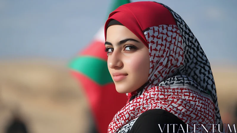 Young woman in keffiyeh with serene expression, natural light portrait.