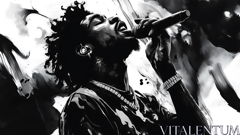 Monochrome digital portrait of singer holding microphone.