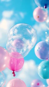 Iridescent bubbles drift through cotton clouds and azure sky