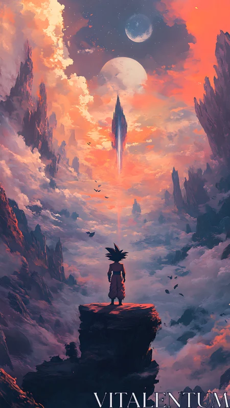 Silhouetted figure facing floating spire in layered sky landscape.