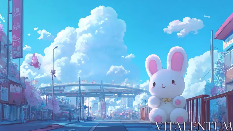 Urban overpass with oversized rabbit figure in sunlight.