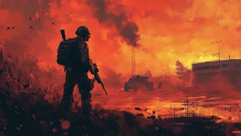 Wandering soldier in a burning twilight battlefield haze.