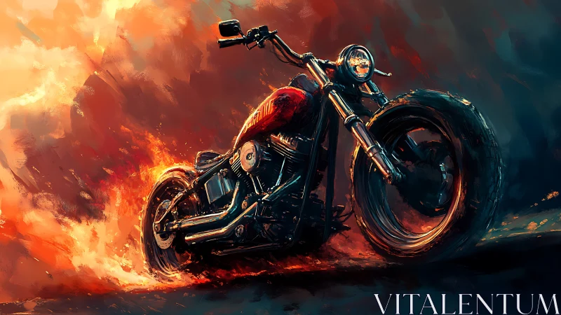 Custom bobber motorcycle in fiery cinematic motion blur scene