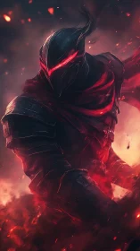 Infernal armored wraith in dynamic red-black digital painting.