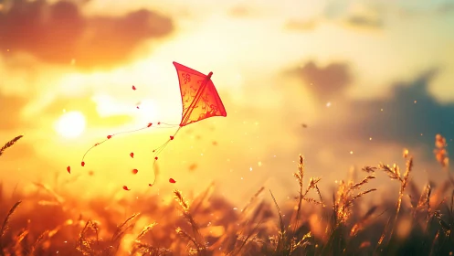 Red kite drifting over golden sunset meadow sky.