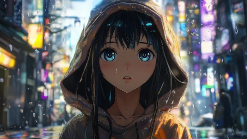 Rain-soaked anime girl walks through neon city streets alone.