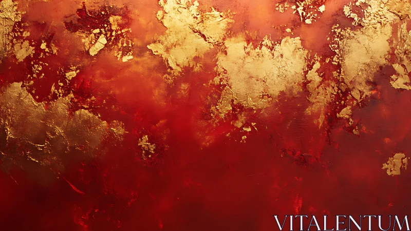 Abstract red and gold textured painting with metallic highlights.