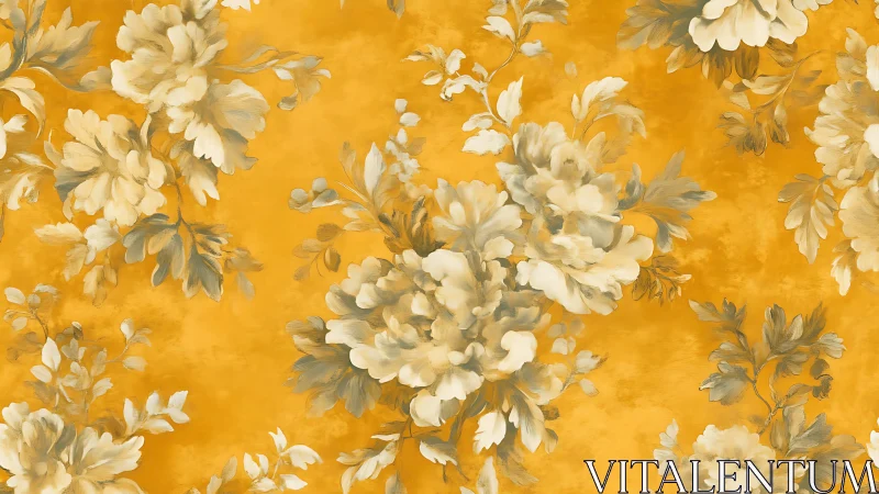 Floral clusters repeat uniformly over textured orange field