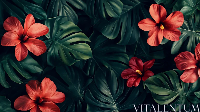 Vibrant Red Hibiscus Blooms Among Lush Tropical Foliage.