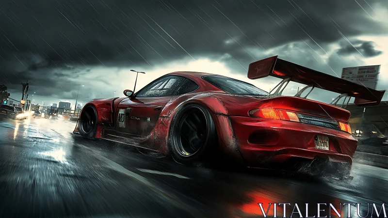 Red widebody race car powers through stormy wet highway.