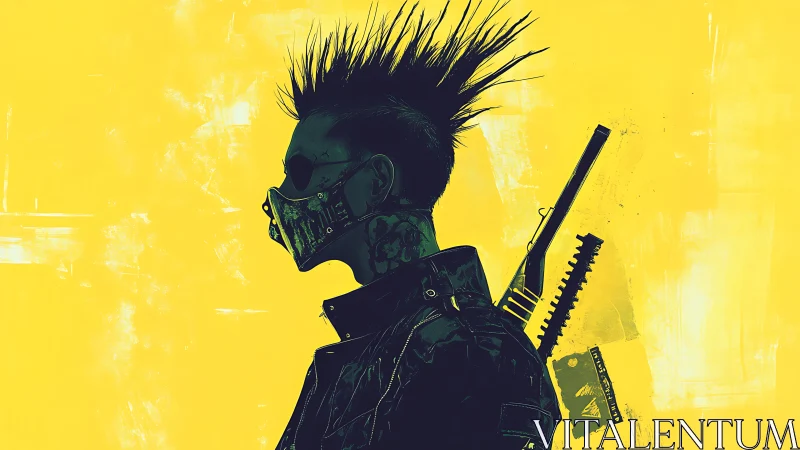 Cybernetic punk profile with respirator mask and rifle silhouette