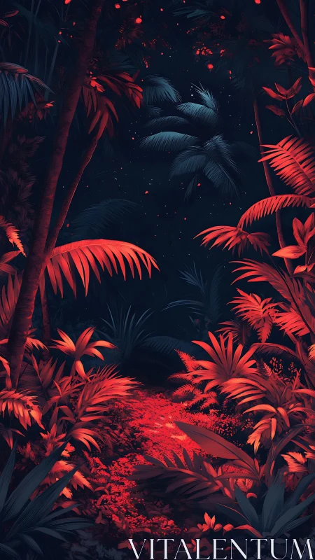 Red-lit jungle path cuts through dense nocturnal foliage