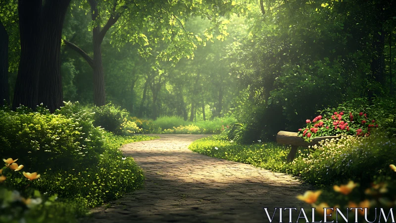 Forest pathway glows with dappled sunlight and vibrant blooms.