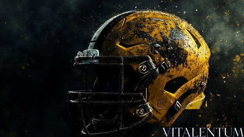 Battle-scorched yellow helmet hangs in smoky starlit dust