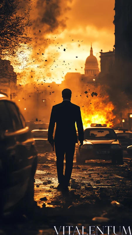 Silhouetted figure walks through burning urban street scene