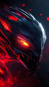 Cybernetic dragon head rendered in high-contrast neon reds