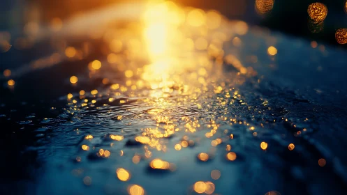Specular bokeh on wet asphalt under grazing sunset illumination.