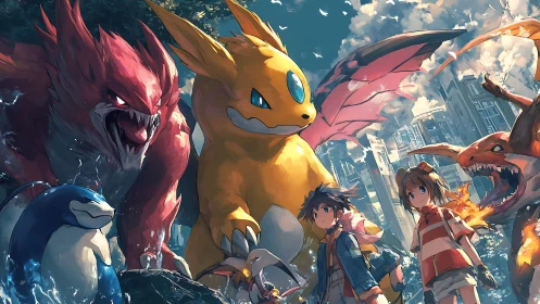 Colossal elemental beasts guarding kids in shattered cityscape.