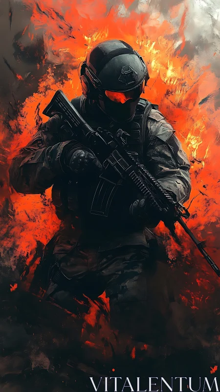 Armored rifleman advances through abstract inferno with high contrast lighting
