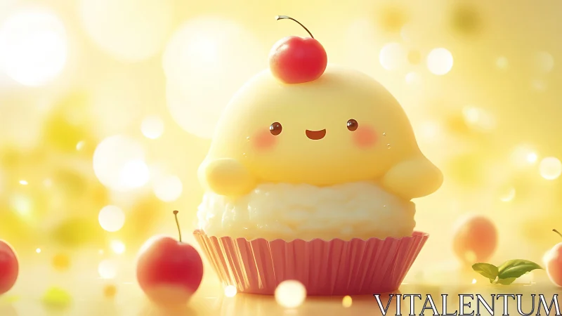 Cute Chick Cupcake Character With Cherry Top.