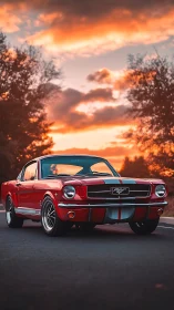 Classic red muscle car gleams beneath a vivid sunset sky.