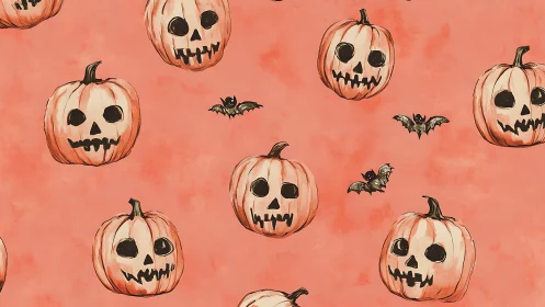 Cartoon jack o lantern pumpkins and bats on coral backdrop.