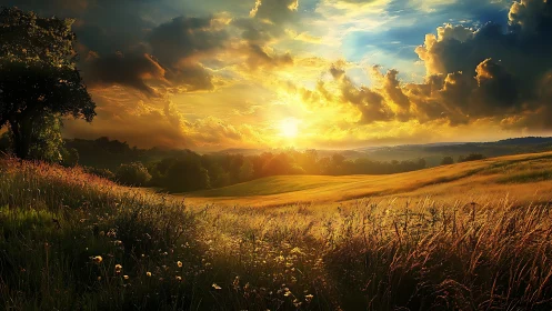 Sunlit meadow drifts beneath blazing, dream-soaked sky at dusk.