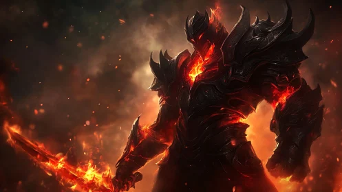 Infernal armored warrior wields molten flaming sword in gloom