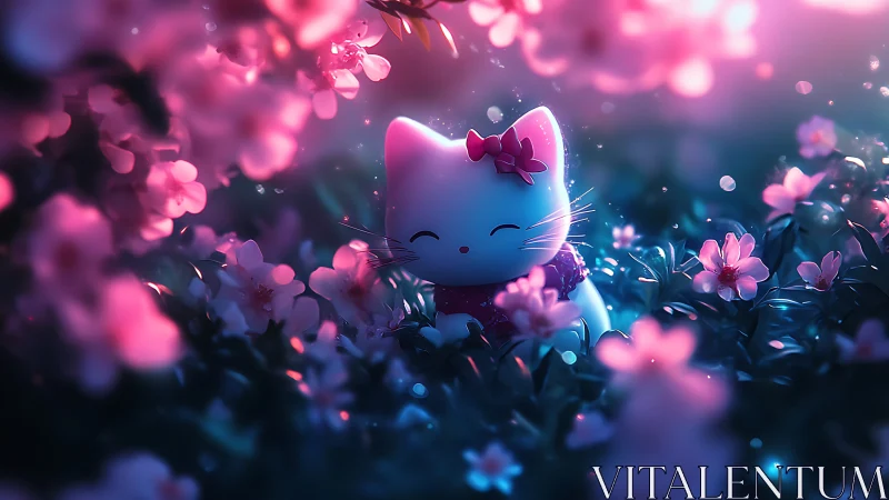 Cartoon cat figurine in pink illuminated flower garden.