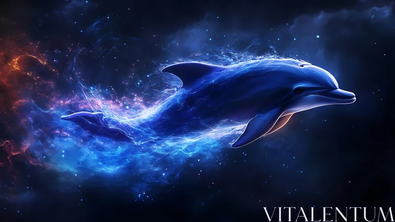 Cosmic tide rider dolphin streaking through starry nebulae.