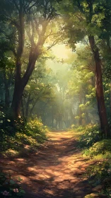 Sunlit Forest Path Invites Peaceful Wandering Through Nature