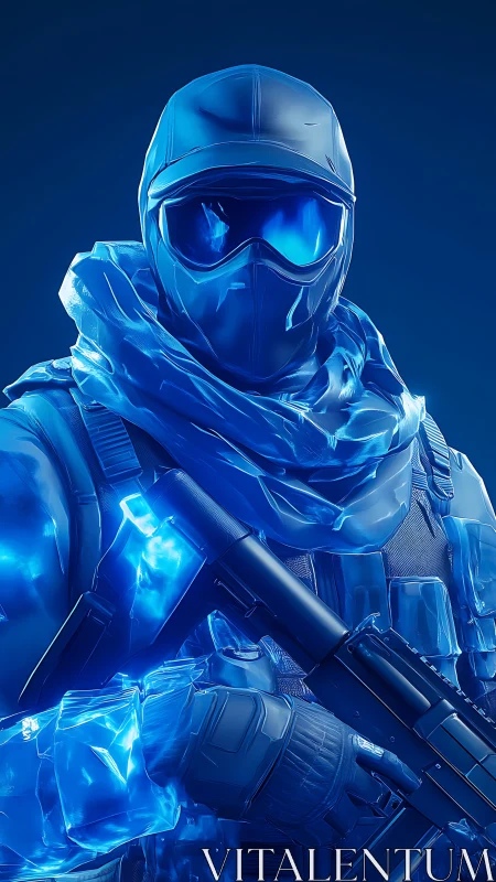Futuristic blue tactical soldier rendered in 3D detail.