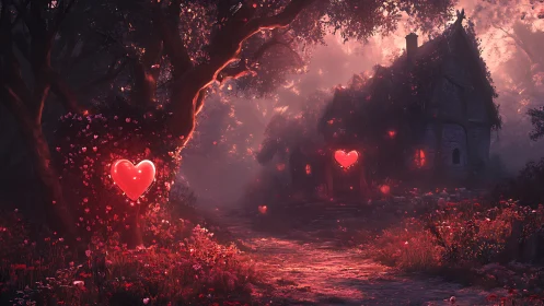Glowing Hearts Illuminate Dark Manor Pathway.