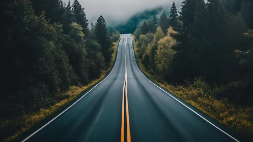 Photorealistic forest highway with misted horizon perspective.
