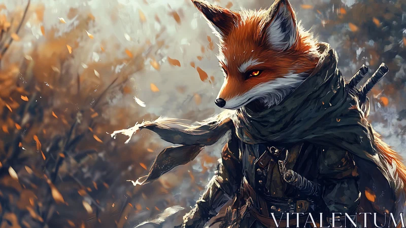 Autumn leaves swirl around a vigilant fox rogue warrior