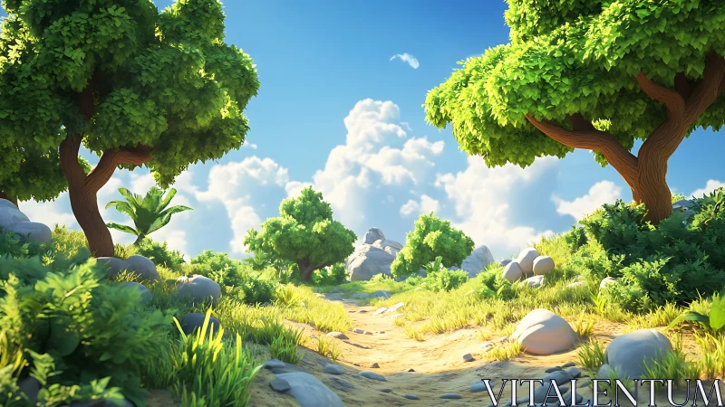 Verdant Forest Path Under Clear Sky.